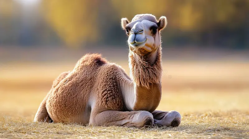 adorable young camel resting nature peaceful close up portrait cute grass soft autumn background captured natural 382853757